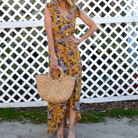 American Eagle Floral printed Yellow Maxi Dress with Slip - Picture 4 of 17